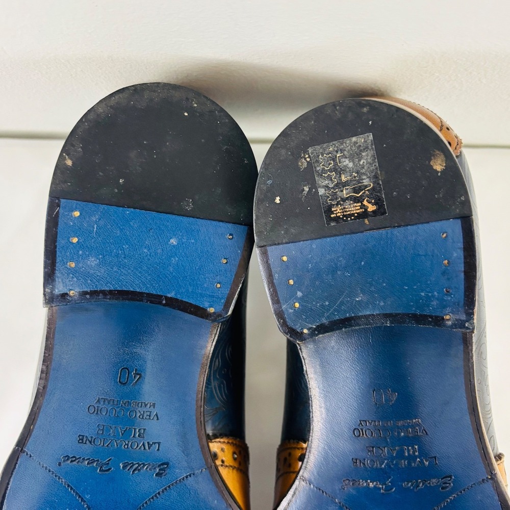 Emilio Franco Navy Blue Paisley Cognac Leather Tassel Wingtip Loafers Italy Sz 7 - Picture 11 of 13